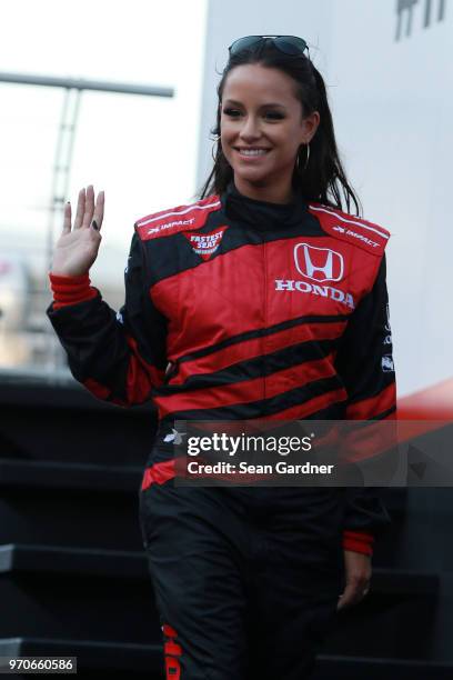 Jessica Graf prepares to ride in the two seater pace car prior to the Verizon IndyCar Series DXC Technology 600 at Texas Motor Speedway on June 9,...