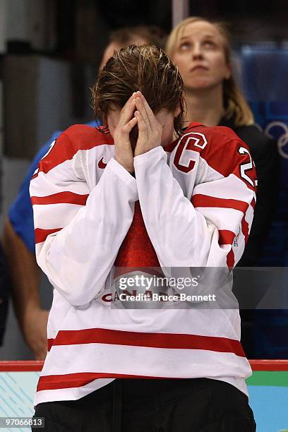 Hayley Wickenheiser of Canada reacts after winning the gold medal during the ice hockey women's gold medal game between Canada and USA on day 14 of...