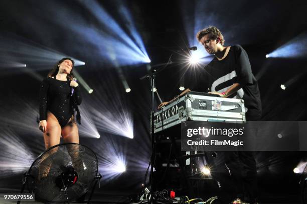 Amelia Meath and Nick Sanborn of Sylvan Esso perform onstage at That Tent during day 3 of the 2018 Bonnaroo Arts And Music Festival on June 9, 2018...