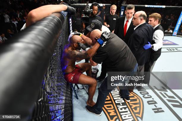 Yoel Romero of Cuba rests between rounds against Robert Whittaker of New Zealand in their middleweight fight during the UFC 225 event at the United...