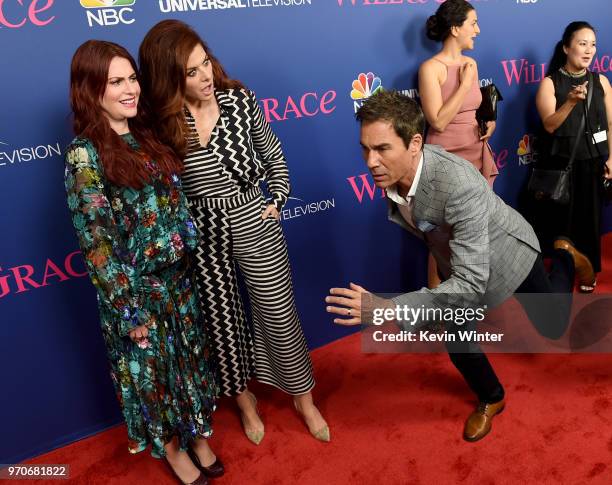 Actors Megan Mullally, Debra Messing and Eric McCormack arrive at NBC's "Will & Grace" FYC Event at the Harmony Gold Theatre on June 9, 2018 in Los...