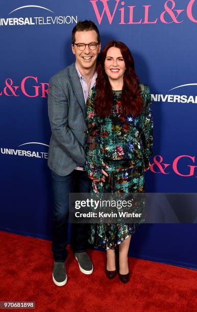 Actors Sean Hayes and Megan Mullally arrive at NBC's "Will & Grace" FYC Event at the Harmony Gold Theatre on June 9, 2018 in Los Angeles, California.