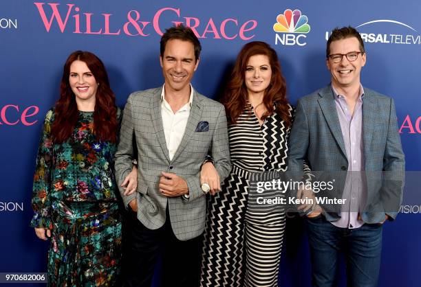 Actors Megan Mullally, Eric McCormack, Debra Messing and Sean Hayes arrive at NBC's "Will & Grace" FYC Event at the Harmony Gold Theatre on June 9,...