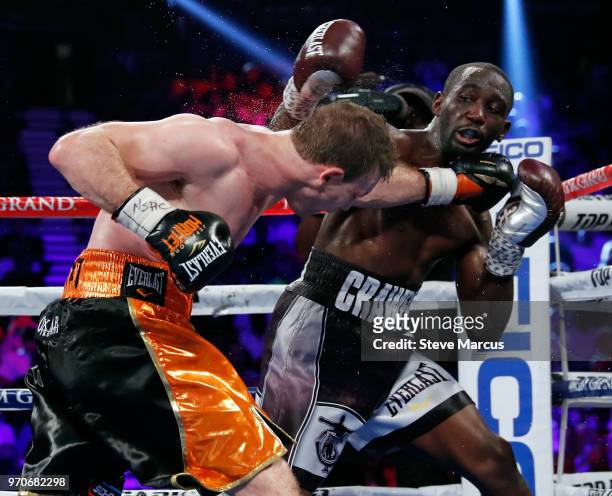 Jeff Horn and Terence Crawford battle in the seventh round of their WBO welterweight title fight at MGM Grand Garden Arena on June 9, 2018 in Las...