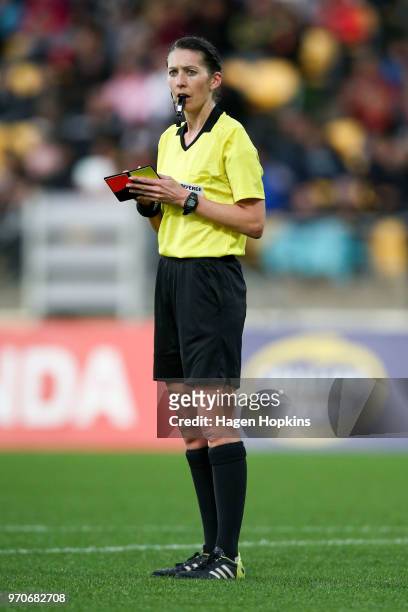 Referee Anna-Marie Keighley looks on during the International Friendly match between the New Zealand Football Ferns and Japan at Westpac Stadium on...