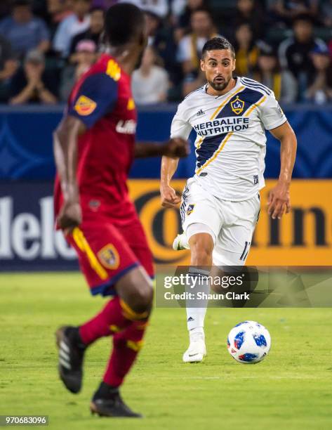 Sebastian Lletget of Los Angeles Galaxy during the Los Angeles Galaxy's MLS match against FC Dallas at the StubHub Center on June 9, 2018 in Carson,...