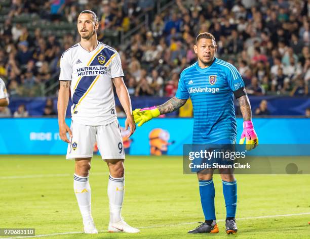 Zlatan Ibrahimovic of Los Angeles Galaxy and Nick Rimando of Real Salt Lake during the Los Angeles Galaxy's MLS match against FC Dallas at the...