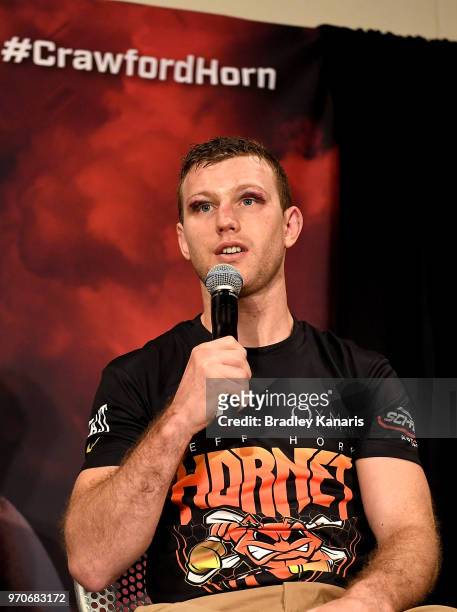 Jeff Horn speaks at a press conference after the WBO welterweight title between Jeff Horn and Terence Crawford at MGM Grand Garden Arena on June 9,...