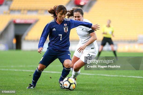 Sarah Morton of New Zealand Emi Nakajima of Japan during the International Friendly match between the New Zealand Football Ferns and Japan at Westpac...