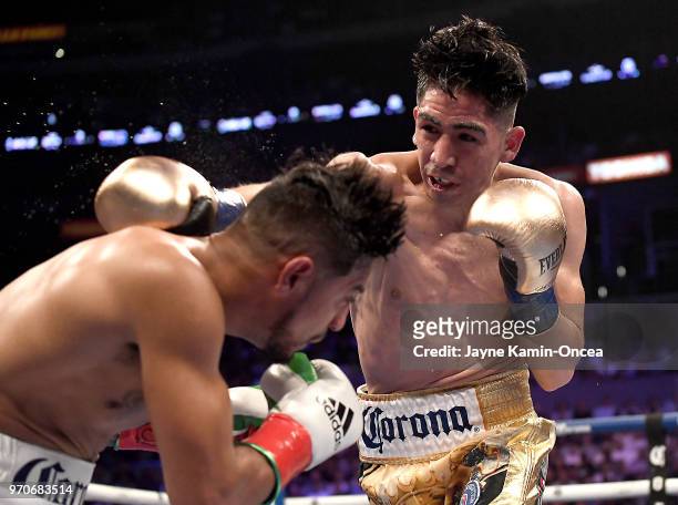 Leo Santa Cruz as he defeats Abner Mares in their WBA Featherweight Title & WBC Diamond Title fight at Staples Center on June 9, 2018 in Los Angeles,...