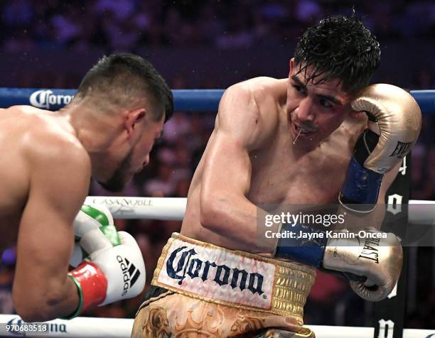 Leo Santa Cruz as he defeats Abner Mares in their WBA Featherweight Title & WBC Diamond Title fight at Staples Center on June 9, 2018 in Los Angeles,...