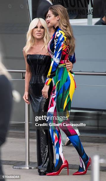 Fashion designer Donatella Versace and model Gigi Hadid are seen arriving to the 2018 CFDA Fashion Awards at Brooklyn Museum on June 4, 2018 in New...