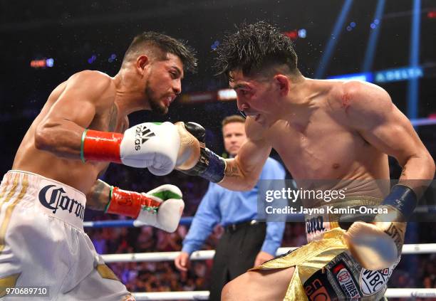 Leo Santa Cruz as he defeats Abner Mares in their WBA Featherweight Title & WBC Diamond Title fight at Staples Center on June 9, 2018 in Los Angeles,...