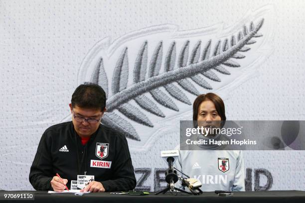 Coach Asako Takakura of Japan speaks to media during the International Friendly match between the New Zealand Football Ferns and Japan at Westpac...