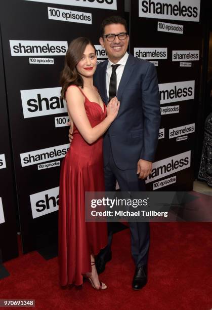 Actress Emmy Rossum and husband Sam Esmail attend the celebration of the 100th episode of Showtime's "Shameless" at DREAM Hollywood on June 9, 2018...