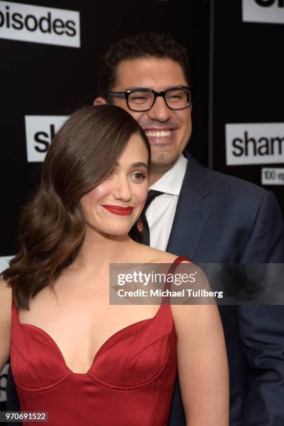 Actress Emmy Rossum and husband Sam Esmail attend the celebration of the 100th episode of Showtime's "Shameless" at DREAM Hollywood on June 9, 2018...