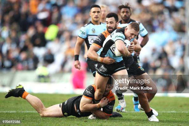 Jack Williams of the Sharks during the round 14 NRL match between the Cronulla Sharks and the Wests Tigers at Southern Cross Group Stadium on June...