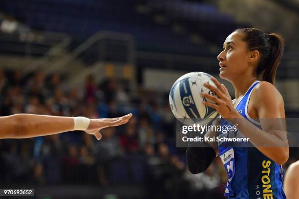 Maria Folau of the Mystics looks to shoot at goal during the round six ANZ Premiership match between the Central Pulse and the Northern Mystics at...