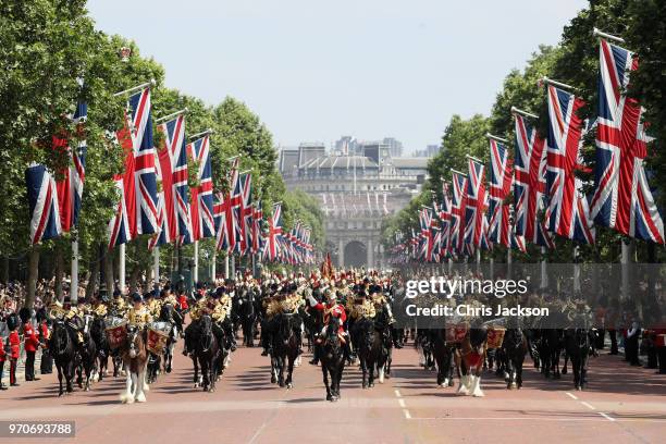 Troops advance down the Mall during Trooping The Colour on June 9, 2018 in London, England. The annual ceremony involving over 1400 guardsmen and...