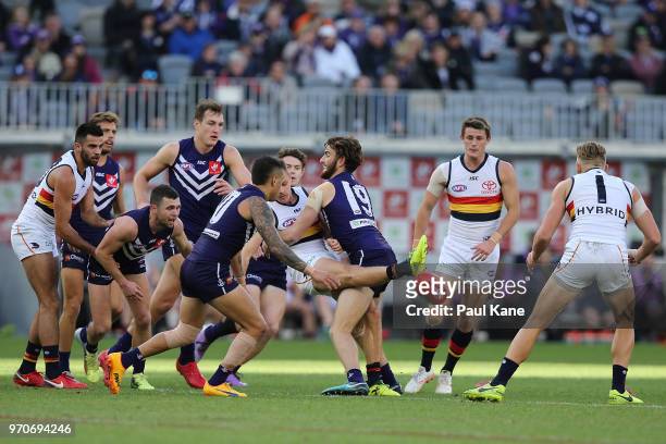 David Mackay of the Crows gets his kick away during the round 12 AFL match between the Fremantle Dockers and the Adelaide Crows at Optus Stadium on...