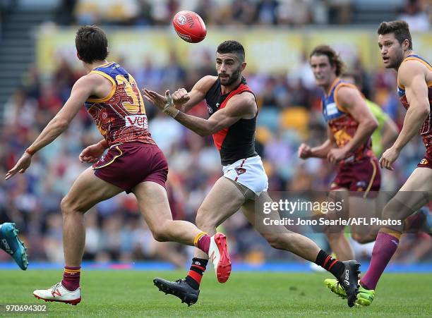 Adam Saad of the Bombers in action during the 2018 AFL round 12 match between the Brisbane Lions and the Essendon Bombers at The Gabba on June 10,...