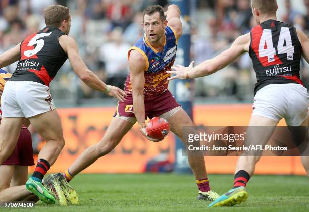 Luke Hodge of the Lions in action during the 2018 AFL round 12 match between the Brisbane Lions and the Essendon Bombers at The Gabba on June 10,...