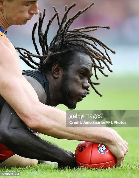 Anthony McDonald-Tipungwuti of the Bombers in action during the 2018 AFL round 12 match between the Brisbane Lions and the Essendon Bombers at The...