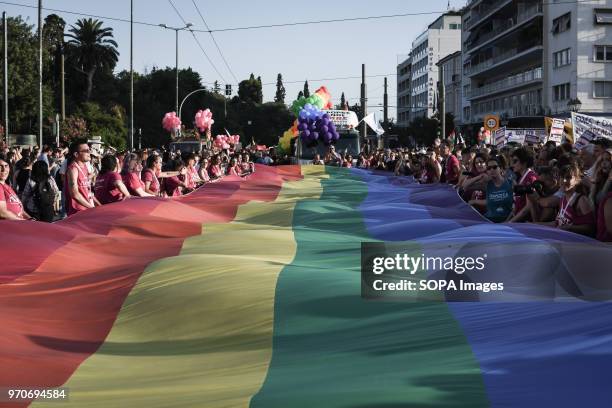 Big pride flag with rainbow colors seen at the festival. This year's Pride theme was discrimination against women, with transnational women receiving...