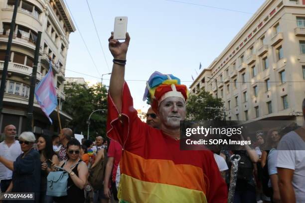 Participant seen during the pride parade. LGBT community of Greece organized Athens Pride Festival in Athens to promote and parade their rights....