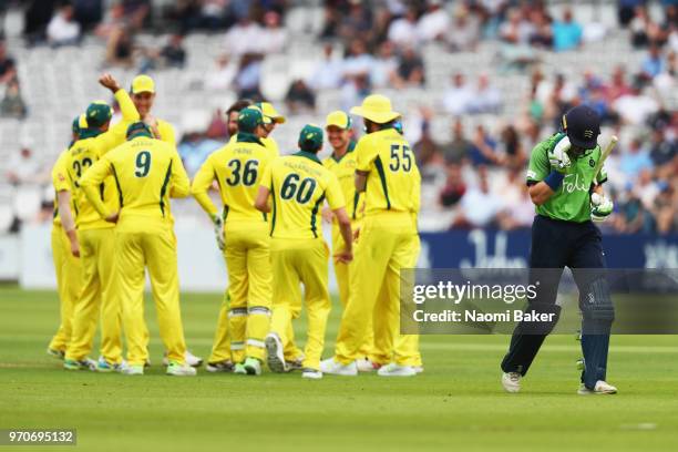 Max Holden of Middlesex walks off after Billy Stanlake of Australia dismisses him during the Middlesex and Australia Tour Match at Lord's Cricket...