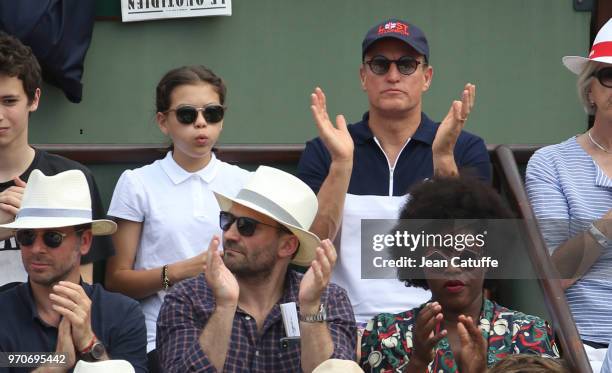 Woody Harrelson and his daughter Makani Harrelson attend the women's final during Day 14 of the 2018 French Open at Roland Garros stadium on June 9,...