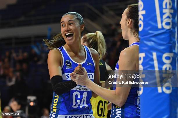 Maria Folau of the Mystics celebrates the win in the round six ANZ Premiership match between the Central Pulse and the Northern Mystics at Horncastle...