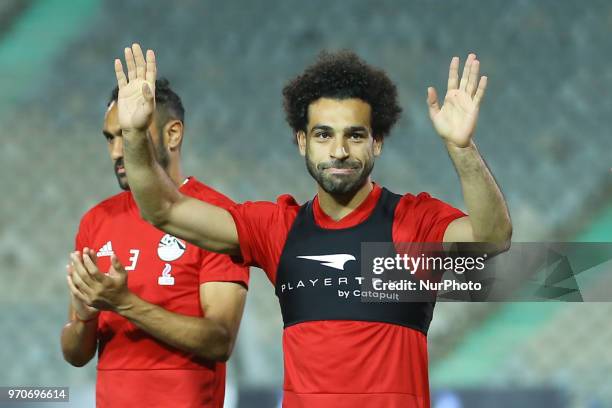 Egypt's national team footballer and Liverpool's forward Mohamed Salah takes part in the final practice training session at Cairo international...