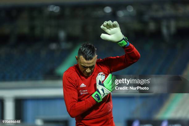 Egypt's goalkeeper Essam el-Hadary waves at fans during the final practice training session at Cairo international stadium in Cairo on June 9, 2018.