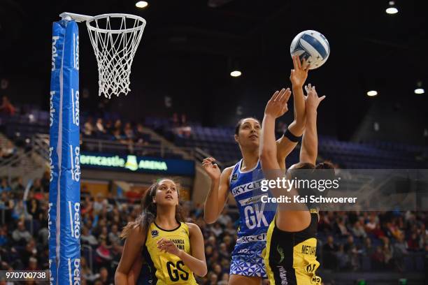 Phoenix Karaka of the Mystics challenges Tiana Metuarau of the Pulse during the round six ANZ Premiership match between the Central Pulse and the...