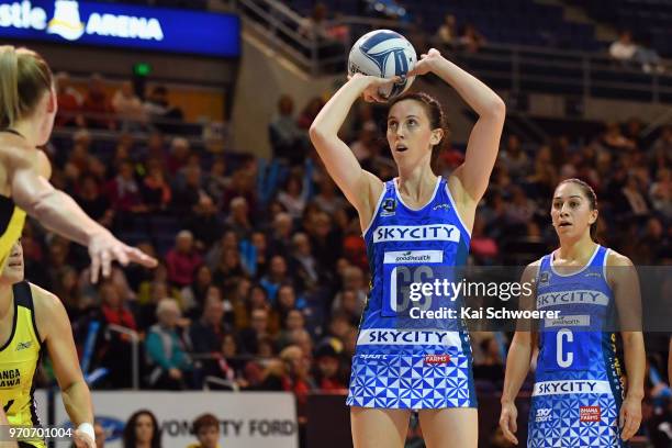Bailey Mes of the Mystics shoots at goal during the round six ANZ Premiership match between the Central Pulse and the Northern Mystics at Horncastle...