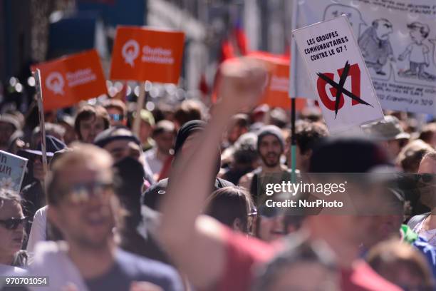 Protesters chanting slogans during a rally to protest the G7 summit in Quebec City, Canada on 9 June 2018. During the last day of the G7 summit that...