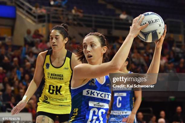 Bailey Mes of the Mystics catches the ball during the round six ANZ Premiership match between the Central Pulse and the Northern Mystics at...
