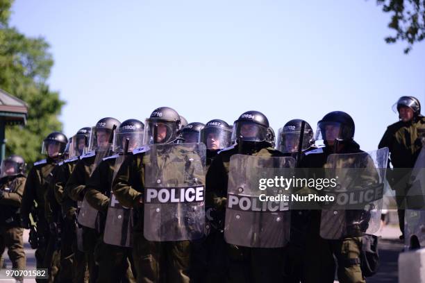Riot Police officers keeping an on the people during a rally to protest the G7 summit in Quebec City, Canada on 9 June 2018. During the last day of...