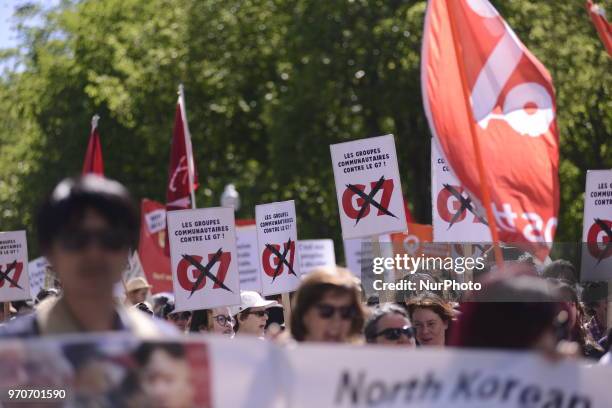 Protesters chanting slogans during a rally to protest the G7 summit in Quebec City, Canada on 9 June 2018. During the last day of the G7 summit that...