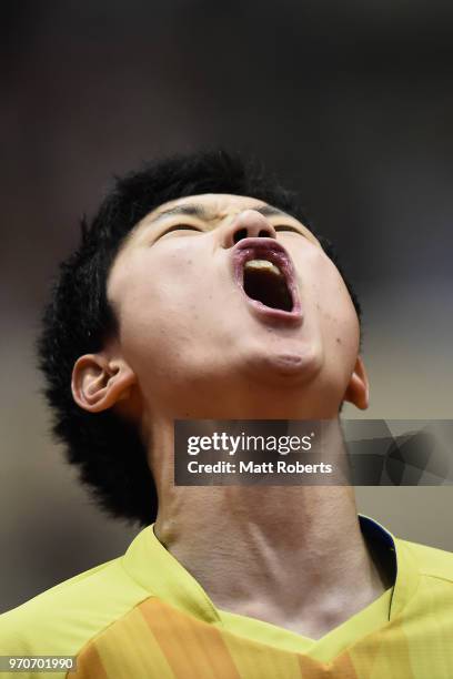 Tomokazu Harimoto of Japan celebrates against Jike Zhang of China during the men's final on day three of the ITTF World Tour LION Japan Open Ogimura...