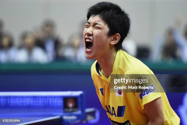 Tomokazu Harimoto of Japan celebrates against Jike Zhang of China during the men's final on day three of the ITTF World Tour LION Japan Open Ogimura...