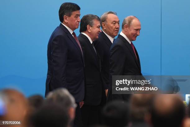 Russian President Vladimir Putin , Kazakhstan President Nursultan Nazarbayev , Uzbekistan President Shavkat Mirziyoyev and Kyrgyzstan President...