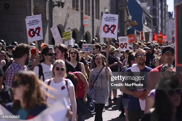 Protesters chanting slogans during a rally to protest the G7 summit in Quebec City, Canada on 9 June 2018. During the last day of the G7 summit that...