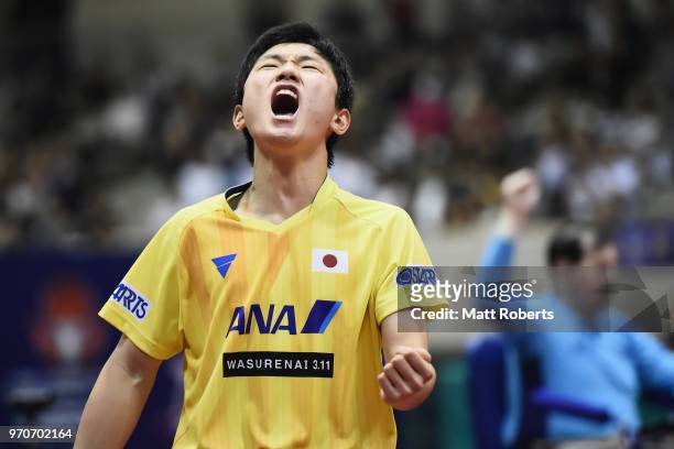 Tomokazu Harimoto of Japan celebrates against Jike Zhang of China during the men's final on day three of the ITTF World Tour LION Japan Open Ogimura...