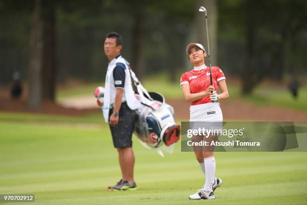 Bo-Mee Lee of South Korea hits her second shot on the 10th hole during the final round of the Suntory Ladies Open Golf Tournament at the Rokko...