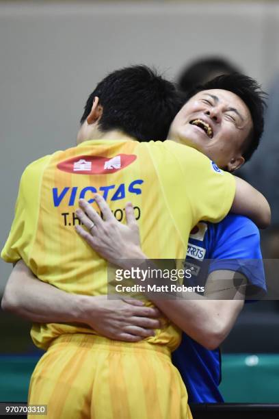Tomokazu Harimoto of Japan celebrates victory against Jike Zhang of China during the men's final on day three of the ITTF World Tour LION Japan Open...