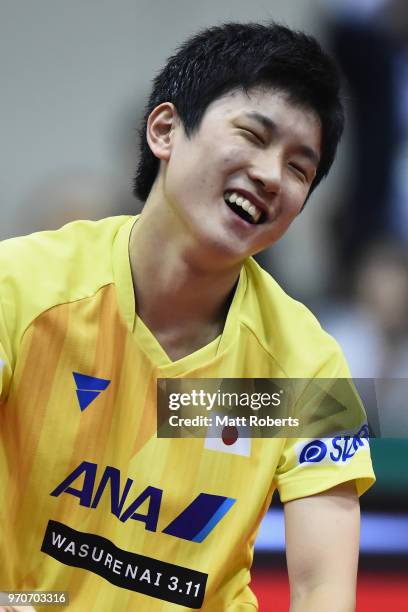 Tomokazu Harimoto of Japan celebrates victory against Jike Zhang of China during the men's final on day three of the ITTF World Tour LION Japan Open...