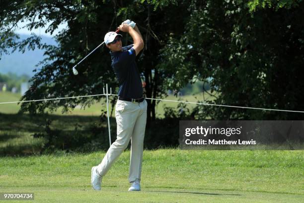 Nicolas Colsaerts of Belgium plays his second shot on 7th hole during day four of The 2018 Shot Clock Masters at Diamond Country Club on June 10,...