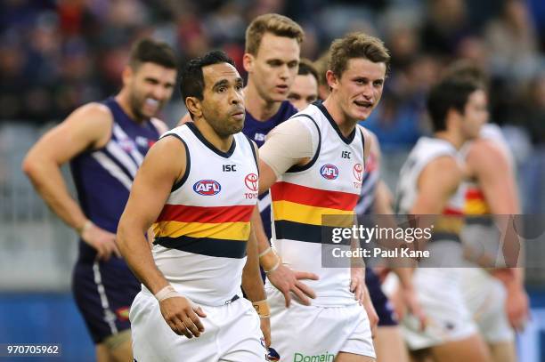 Eddie Betts of the Crows looks on during the round 12 AFL match between the Fremantle Dockers and the Adelaide Crows at Optus Stadium on June 10,...